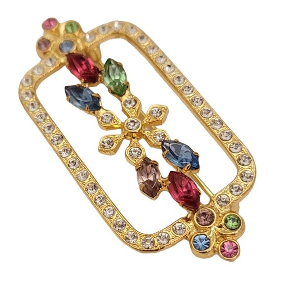Czech Gold Tone Vintage Rhinestone Flower Square Rectangle Open Brooch Pin E774 - Picture 2 of 9